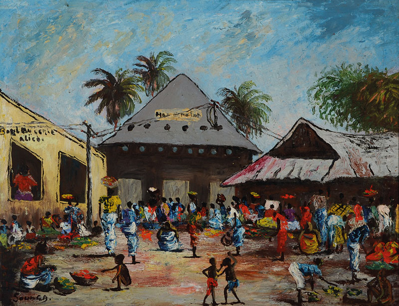 Sounga, Kongo, 30er Jahre, afrikanische Marktansicht, Öl/Lwd, links unten signiert, rückseitig betitelt: Marche de polo-polo Brazzia Ville, ca. ...