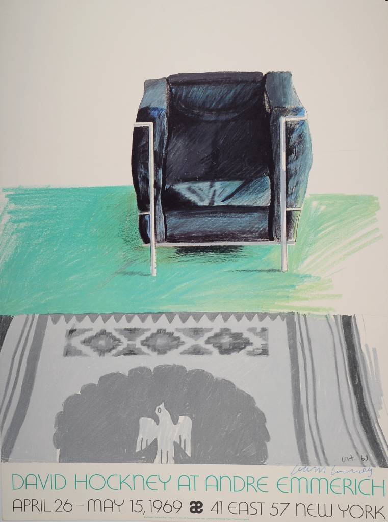 Detail b: Konvolut aus drei Ausstellungsplakaten, David Hockney, Corbusier Chair and Rug, Gallery Emmerich, signiert, ca. 93x66 cm, OttoPiene, Sky Art, ...