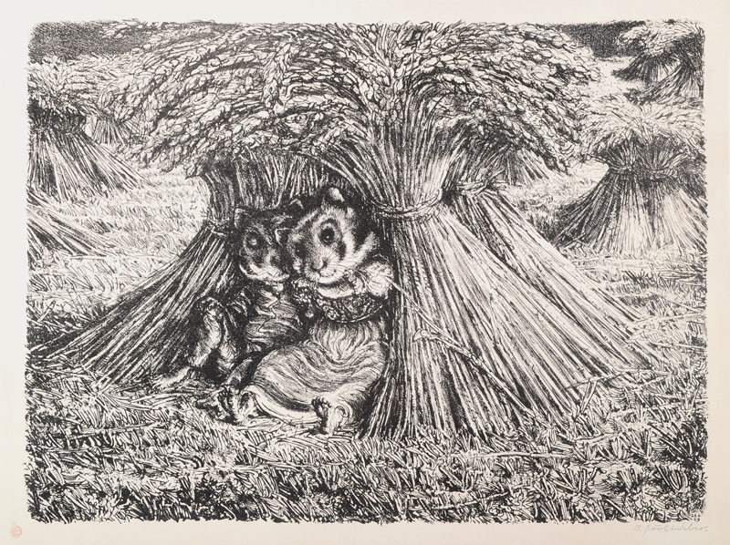 A. Paul Weber, 1893-1980, Hamsterpärchen, Lithographie, rechts unten handsigniert, ca. 32x43cm, unter Glas, Rahmen