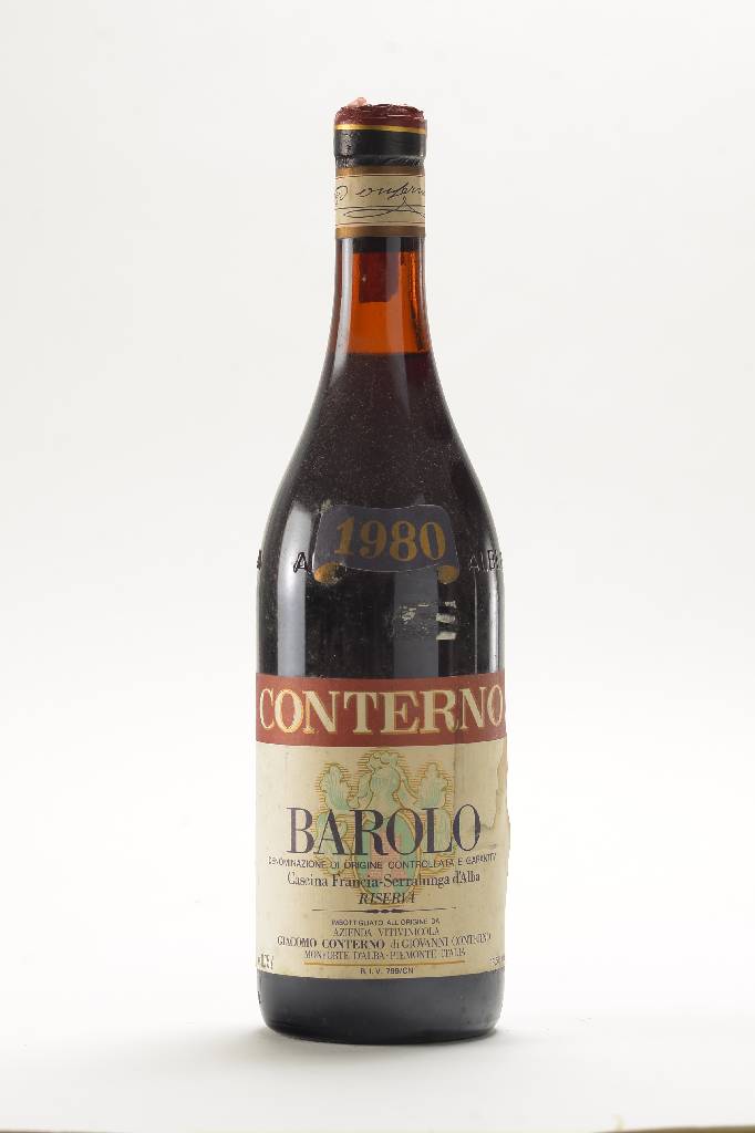 2 Flaschen 1980 Conterno Barolo Riserva, Cascina Francia-Serralunga d'Alba, je 13,5 % Vol., Abstand zwischen Korken und Wein: ca. 2-3 cm, ...