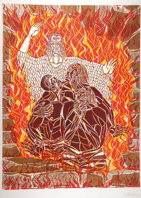 Alex Christmann, geb. 1932 Heilbronn, ansässig in Schwaigern, Die Rettung der drei Freunde, Altes Testament, Buch Daniel 3.1-97, Lithographie, ...