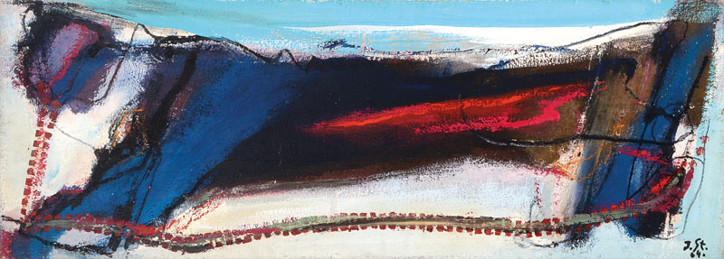 Josef Steiner, 1899-1977 München, Abstrakte Landschaft, Öl/Lwd, rechts unten monogrammiert und datiert 64, ca. 39x106cm, Rahmen