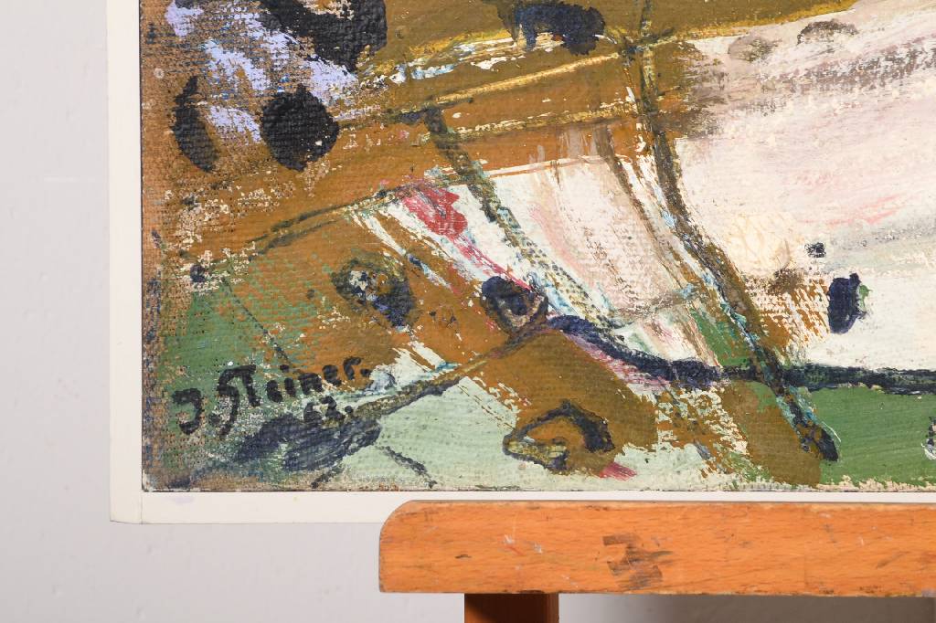 Detail a: Josef Steiner, 1899-1977 München, Abstrakte Landschaft, Öl/Lwd, links unten signiert und datiert 63, rückseitig Nachlaßstempel, ca. 40x65cm, ...