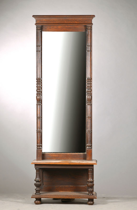 Spiegel mit Konsole, deutsch, um 1880/90, Eiche massiv, 2 gedrechselte Vollsäulen, facettierter Spiegel, mit Konsole, 2-teilig, wenige Bestoßungen, ...