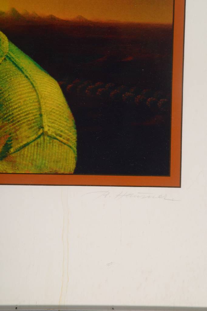Detail a: Rudolf Hausner, 1914- 1995, Lithographie, Roter Narrenhut, signiert und nummeriert 151/400, betitelt, Motiv ca. 63x53,5 cm, unter Glas gerahmt