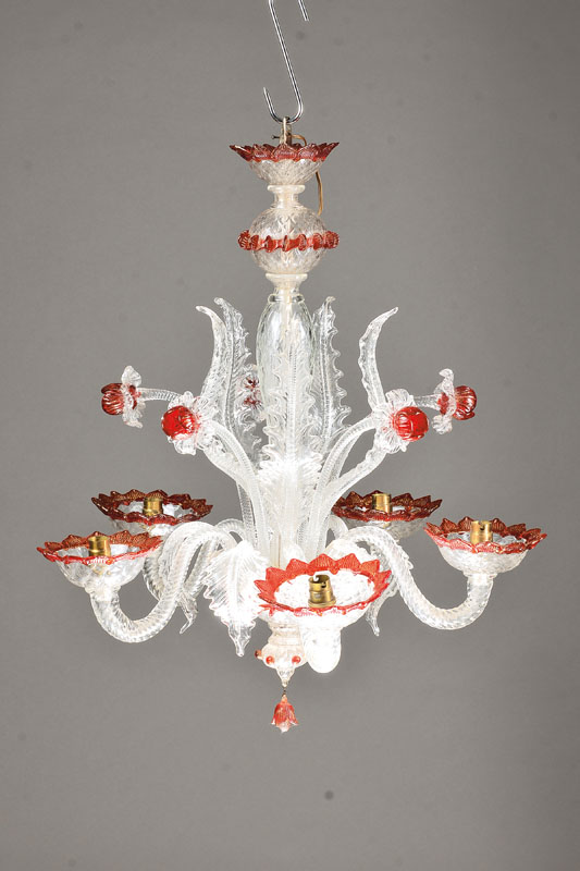 Murano-Deckenlüster, Venedig, 1960er Jahre, Muranoglas, wohl Venini, 5 Brennstellen (dazu Adapter E14), 7-fach in sich gegliedert, 5 ...