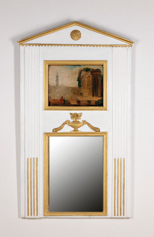 Empire-Trumeau, wohl Frankreich, um 1800, Eiche weiss gefaßt, klassische Architekturornamentik, Ölgemälde auf Holz mit antikisierender ...