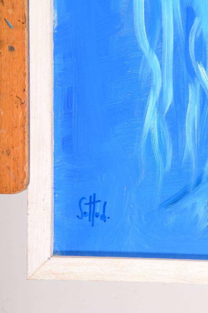 Detail a: Lucien Sotto, zeitgenössischer Belgischer Künstler, Frauenbildnis in Blautönen, Öl/Lwd, links unten signiert, ca. 60x50 cm