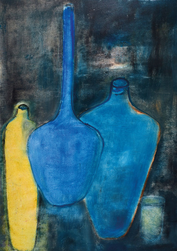 Lucien Sotto, zeitgenössischer Belgischer Künstler, Abstrakte Komposition mit versch. Flaschen, Öl/Lwd, links unten signiert, ca. 70x50 cm, Leiste