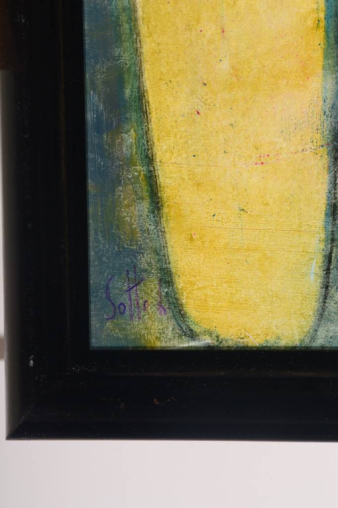 Detail a: Lucien Sotto, zeitgenössischer Belgischer Künstler, Abstrakte Komposition mit versch. Flaschen, Öl/Lwd, links unten signiert, ca. 70x50 cm, Leiste