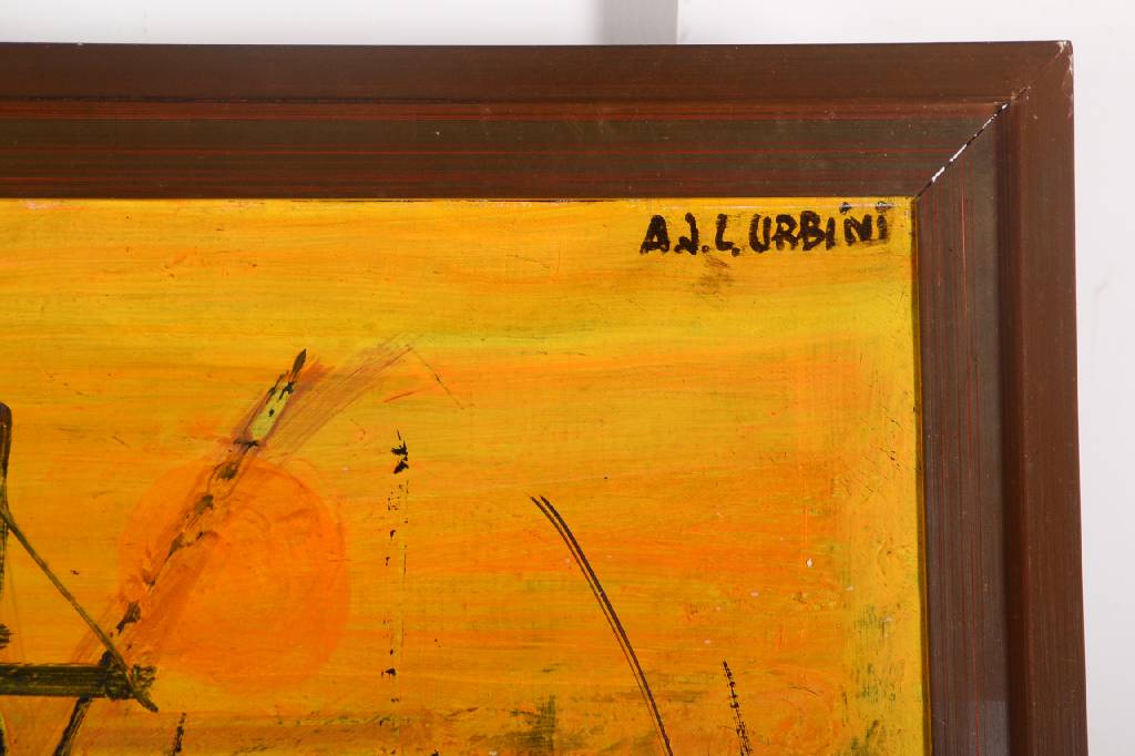Detail a: A.J.L. Urbini, zeitgenössischer Italienischer Künstler, Abstrakter Hafen, Öl/Lwd, rechts oben signiert, rückseitig nochmals signiert, betitelt: ...