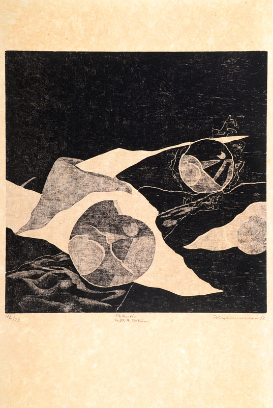 Peter Wullimann, Schweizer Maler und Grafiker, Holzschnitt, handsigniert und nummeriert 12/23, datiert 77, betitelt, Motiv ca. 30x30 cm, Blattgr. ca. ...