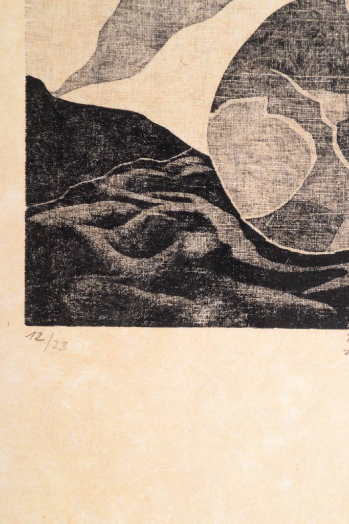 Detail b: Peter Wullimann, Schweizer Maler und Grafiker, Holzschnitt, handsigniert und nummeriert 12/23, datiert 77, betitelt, Motiv ca. 30x30 cm, Blattgr. ca. ...