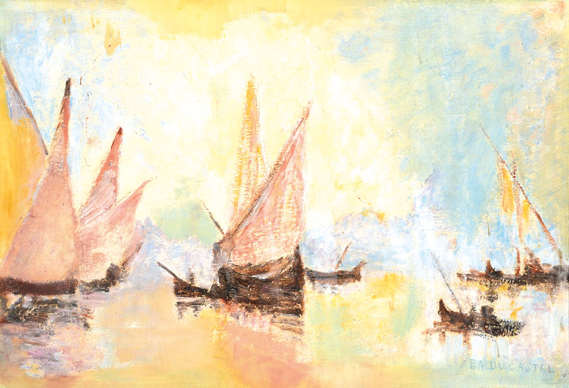 E.A. Ducastel, zeitgenössischer Französischer Maler, Lagune mit Segelbooten, Öl/Platte, rechts unten signiert, ca. 38x55 cm, Rahmen