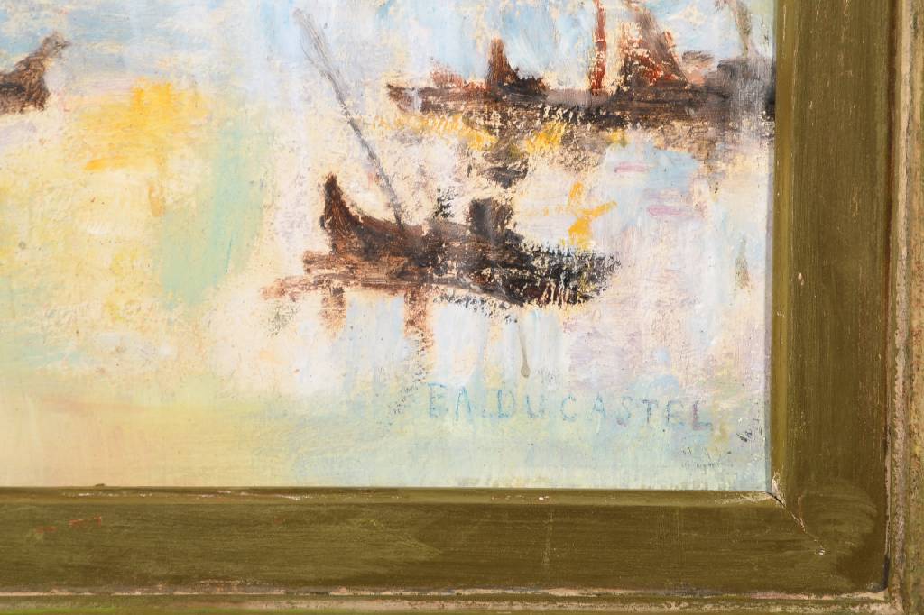 Detail a: E.A. Ducastel, zeitgenössischer Französischer Maler, Lagune mit Segelbooten, Öl/Platte, rechts unten signiert, ca. 38x55 cm, Rahmen