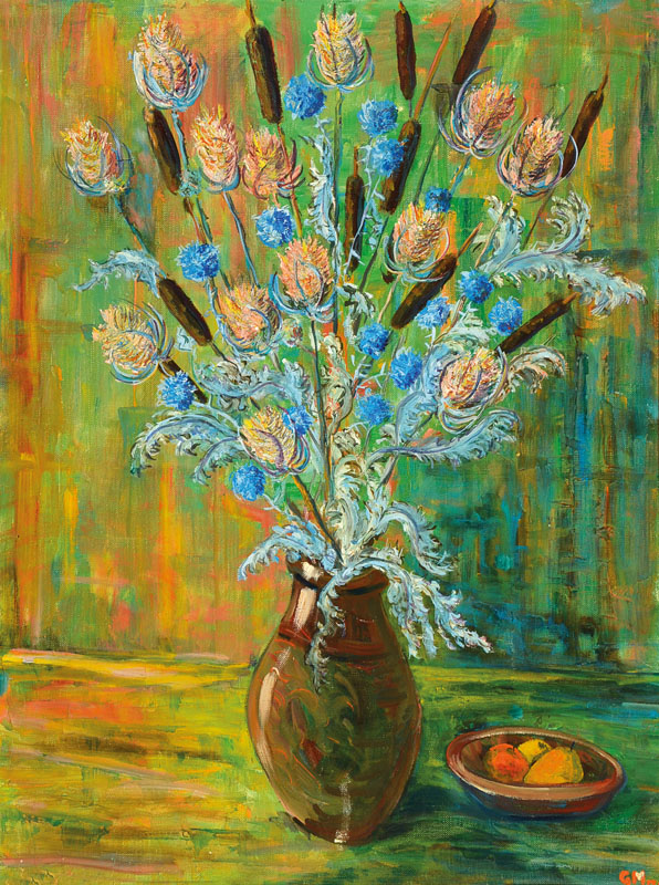 G. Mono, zeitgenössischer Französischer Künstler, Stillleben mit Blumen und Obstschale, Öl/Lwd, rechts unten signiert, rückseitig mit Widmung, ...