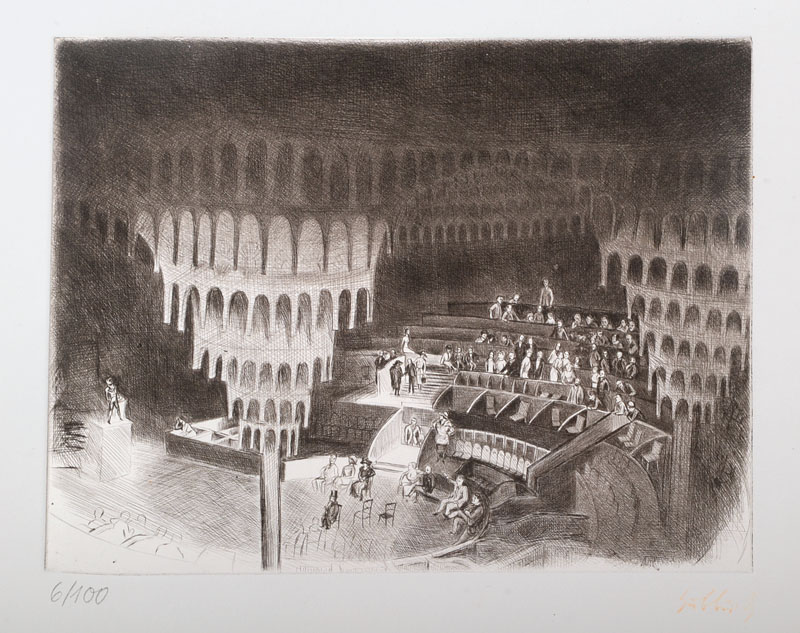 Karl Hubbuch, 1891-1979, Großes Schauspielhaus in Berlin, Radierung, rechts unten Stempelsignatur, num. 6/100, ca. 14x18.5cm, unter Glas, Rahmen