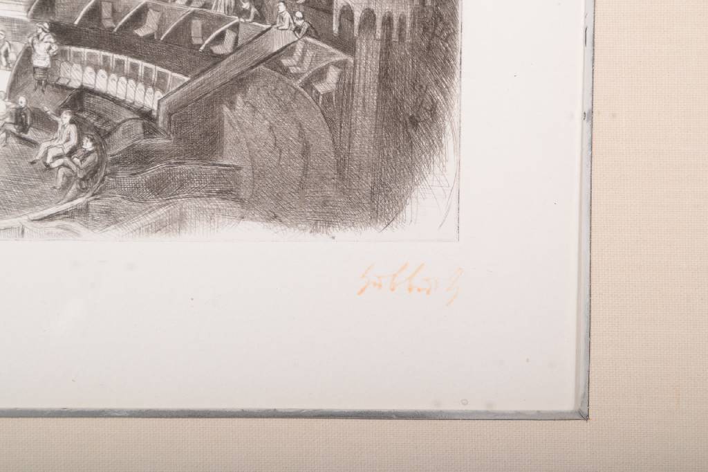 Detail a: Karl Hubbuch, 1891-1979, Großes Schauspielhaus in Berlin, Radierung, rechts unten Stempelsignatur, num. 6/100, ca. 14x18.5cm, unter Glas, Rahmen