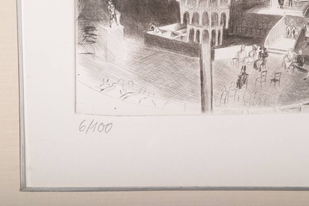 Detail b: Karl Hubbuch, 1891-1979, Großes Schauspielhaus in Berlin, Radierung, rechts unten Stempelsignatur, num. 6/100, ca. 14x18.5cm, unter Glas, Rahmen