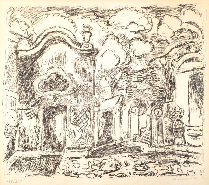 Hans Purrmann, 1880-1966, Kapelle und Brunnen in Levanto, Lithographie, rechts unten Stempelsignatur und dat. 66, num. 138/250, ca. 43x50cm, leicht ...