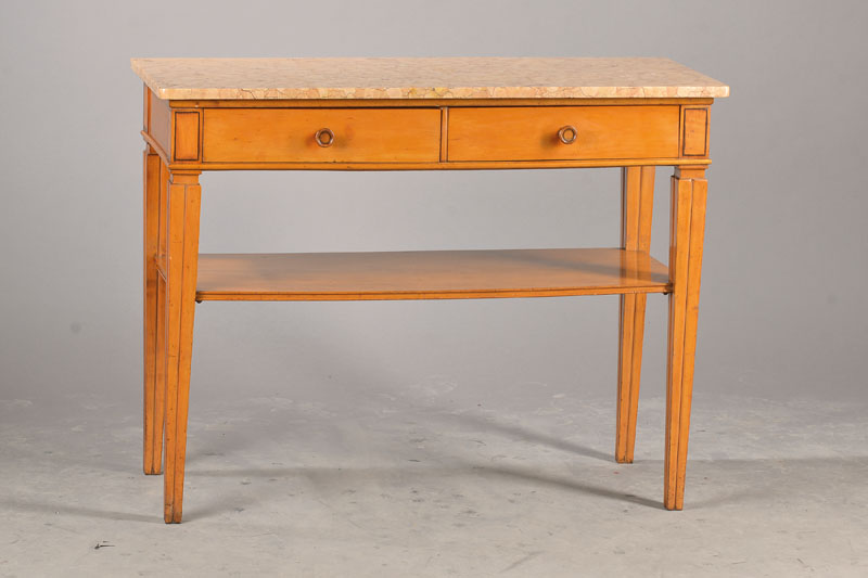 Kleine Konsole, deutsch, um 1910, Kirschbaummassiv, 2-schübig, untere Ablagefläche, lange konische u. kannelierte Vierkantbeine, mit Marmorplatte, ...