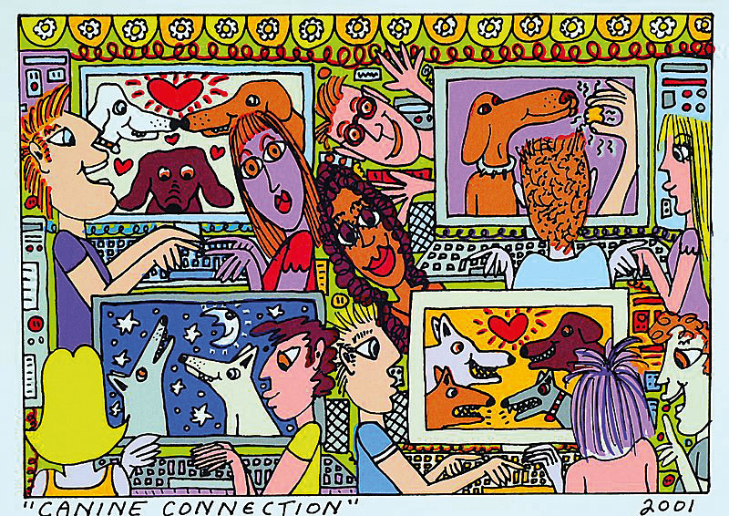 James Rizzi, 1950-2011, Canine Connection, Farblithographie von 2001, ca. 14.5x21cm