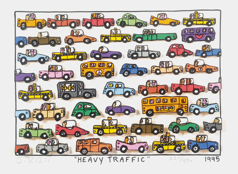 James Rizzi, 1950-2011, 3D-Lithographie, Heavy Traffic, signiert und nummeriert 220/350, datiert 1995, Motiv ca. 19x27 cm, unter Glas gerahmt