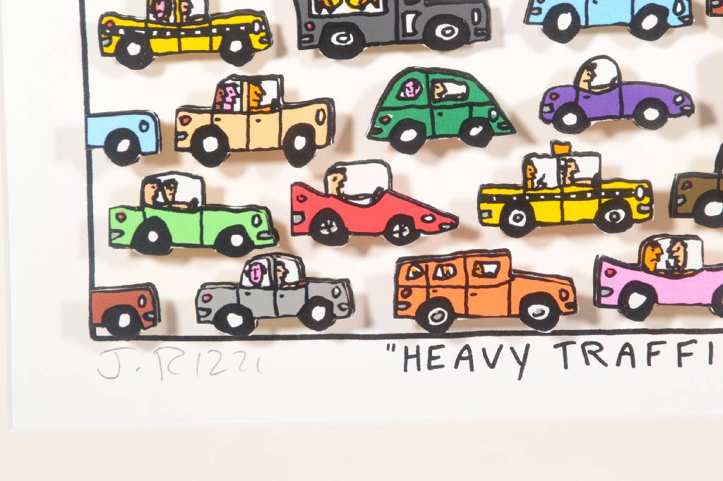 Detail b: James Rizzi, 1950-2011, 3D-Lithographie, Heavy Traffic, signiert und nummeriert 220/350, datiert 1995, Motiv ca. 19x27 cm, unter Glas gerahmt