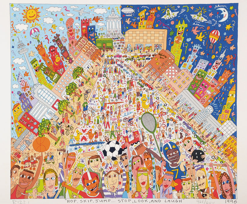 James Rizzi, 1950-2011, Hop, Skip, Jump...Stop, Look, and Laugh, Lithographie, signiert und nummeriert 468/600, Motiv ca. 34x39,5 cm, Blattgr. ca. ...