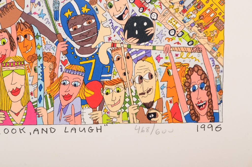 Detail b: James Rizzi, 1950-2011, Hop, Skip, Jump...Stop, Look, and Laugh, Lithographie, signiert und nummeriert 468/600, Motiv ca. 34x39,5 cm, Blattgr. ca. ...