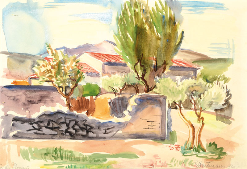 Erich Hartmann, 1886-1974, Aquarell auf Papier, rechts unten signiert unddatiert 1930, links unten betitelt: In der Provence, ca. 31x45 cm, PP, unter ...