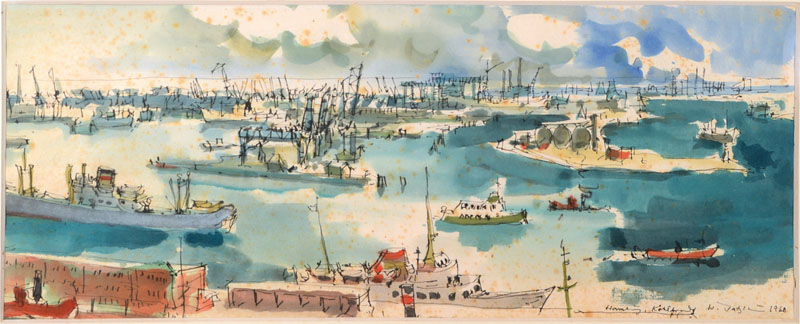 Hanns Jatzlau, geb. 1926, Aquarell auf Papier, rechts unten signiert, datiert 1960, stockfleckig, ca. 64x25,5 cm, PP, unter Glas gerahmt