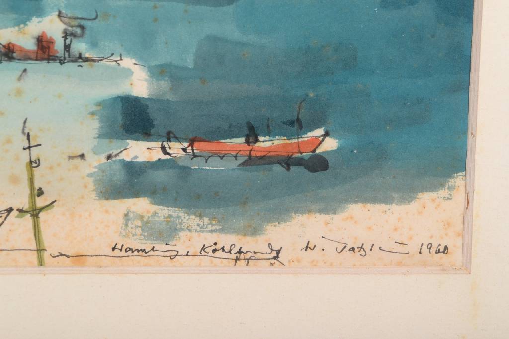 Detail a: Hanns Jatzlau, geb. 1926, Aquarell auf Papier, rechts unten signiert, datiert 1960, stockfleckig, ca. 64x25,5 cm, PP, unter Glas gerahmt