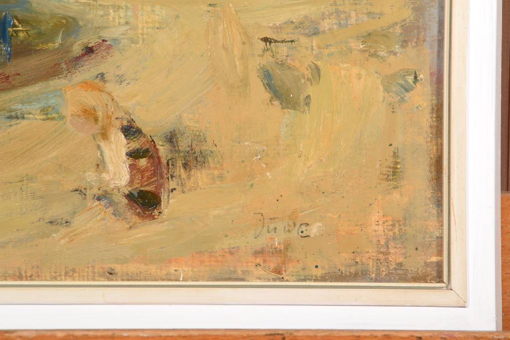 Detail a: Harald Duwe, 1926-1984, Elbstrand, Öl/Malplatte, rechts unten signiert, ca. 28,5x37,5 cm, Rahmen