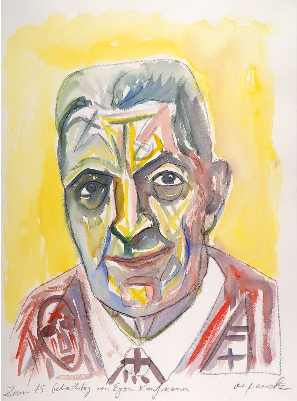 A.R. Penck, geb. 1939, Porträt des Kunsthändlers Egon Kaufmann, Gouache auf Papier, rechts unten signiert, mit handschriftlicher Widmung: Zum 75. ...