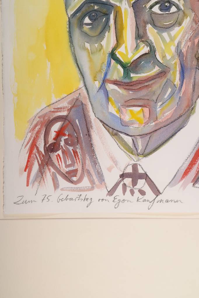 Detail a: A.R. Penck, geb. 1939, Porträt des Kunsthändlers Egon Kaufmann, Gouache auf Papier, rechts unten signiert, mit handschriftlicher Widmung: Zum 75. ...