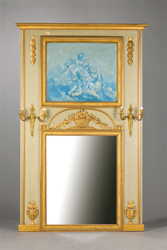 Trumeau, wohl Frankreich, um 1800, Eiche gefaßt, z.T. Fassung aufgefrischt, Ölgemälde auf Holz, Darstellung: 3 Putti mit Tauben, üppiger ...