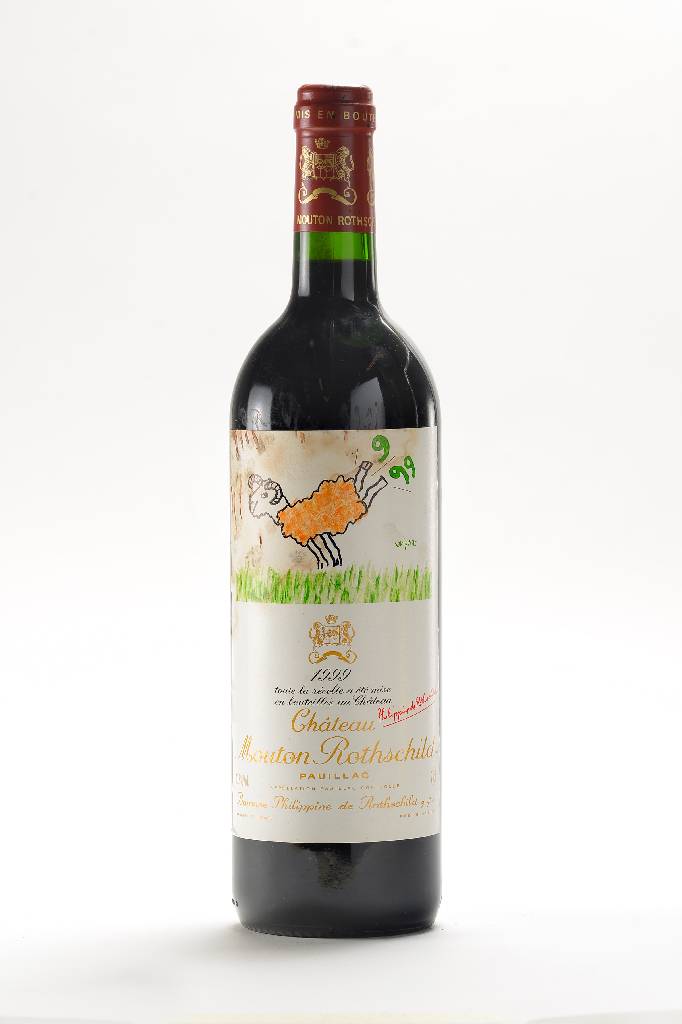 1 Flasche 1999 Chateau Mouton Rothschild, Pauillac, Künstleretikett: Raymond Savignac, into neck, ca. 75 cl, 12,5% Vol., 93 Parker Punkte, ...