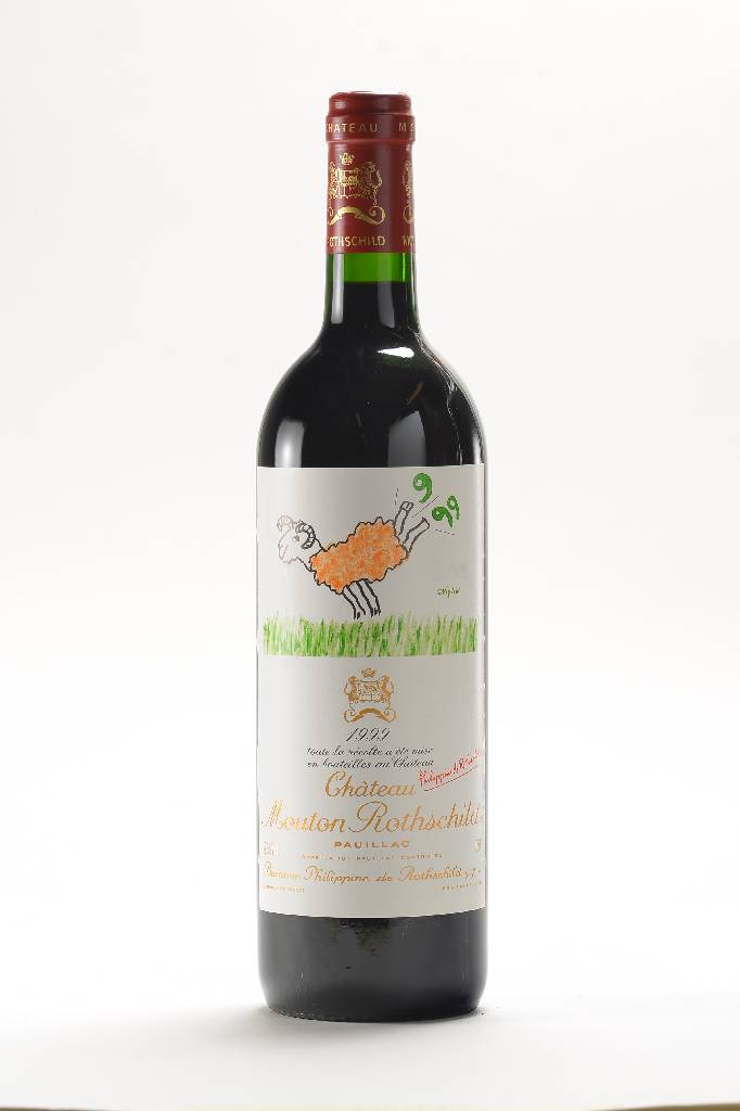2 Flaschen 1999 Chateau Mouton Rothschild, Pauillac, Künstleretikett: Raymond Savignac, je ca. into neck, je ca. 75 cl, 12,5 % Vol., 93 Parker ...