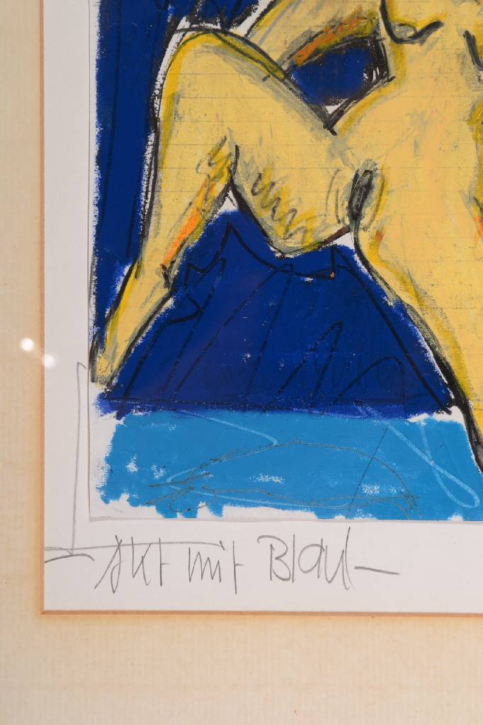 Detail a: Heide Barthelmie, geb. 1952, Akt mit Blau, Mischtechnik/Papier, Öl/Bleistift, rechts unten signiert, betitelt, ca. 20x15,5 cm, unter Glas gerahmt