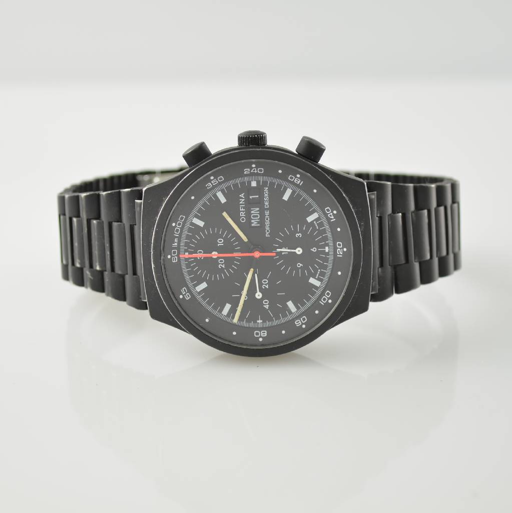 ORFINA/PORSCHE-DESIGN Armbandchronograph, Automatik, Schweiz um 1980, Edelstahl inkl. Edelstahlband schwarz matt. (Farbe teilw. fehl.), Boden ...