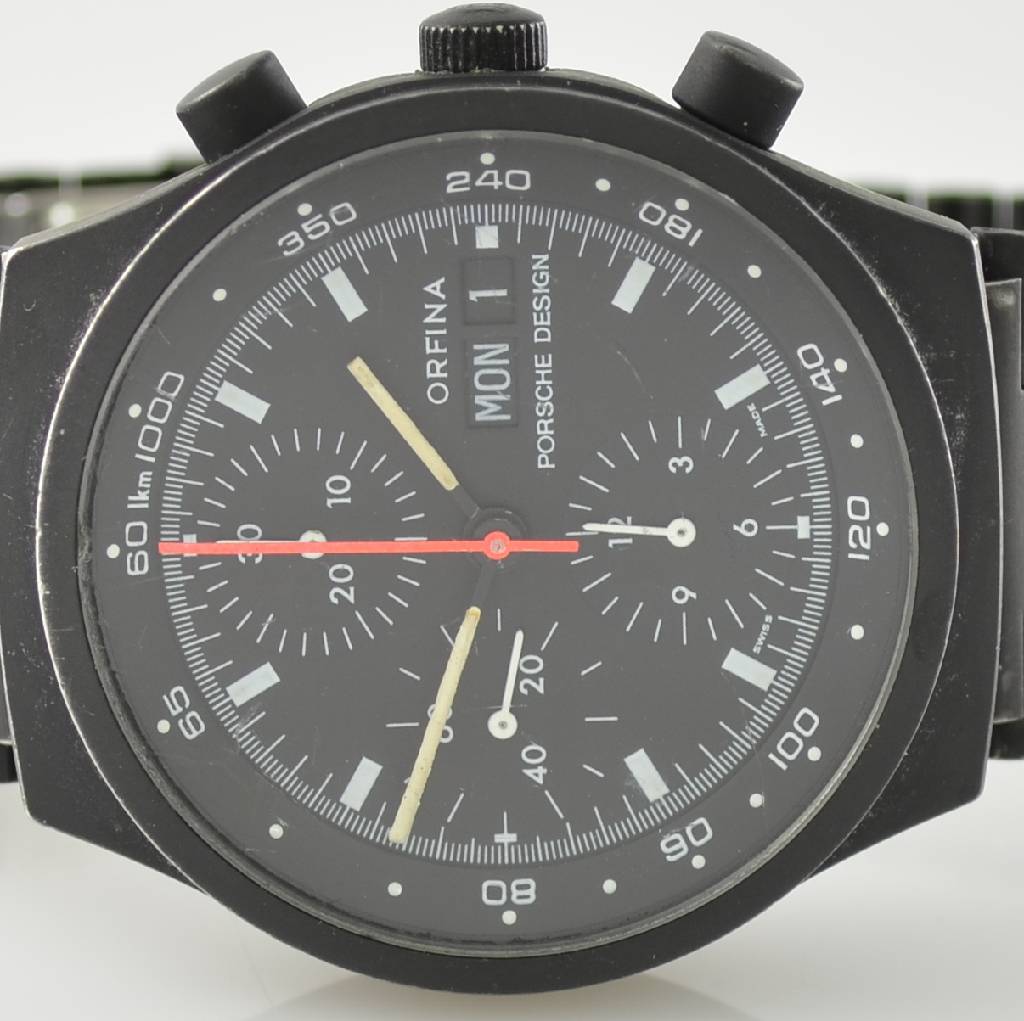 Detail a: ORFINA/PORSCHE-DESIGN Armbandchronograph, Automatik, Schweiz um 1980, Edelstahl inkl. Edelstahlband schwarz matt. (Farbe teilw. fehl.), Boden ...