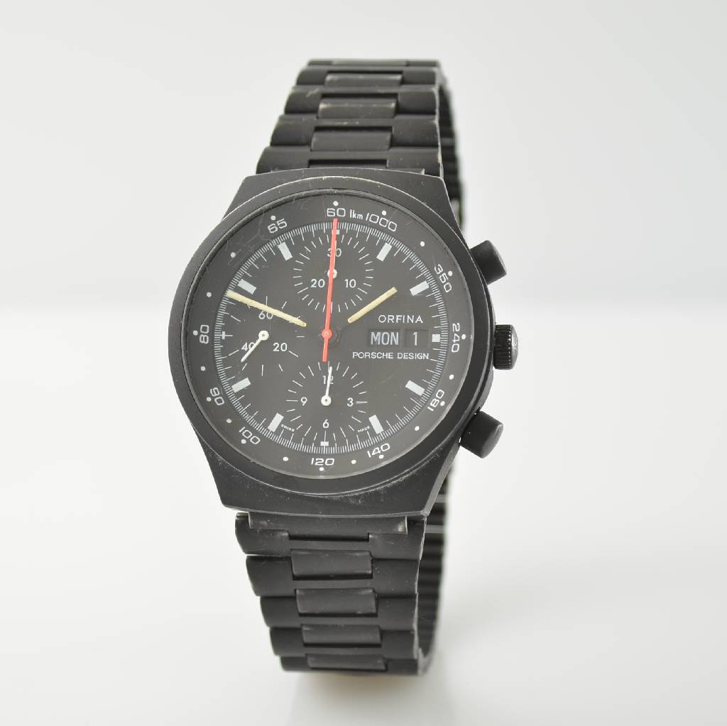 Detail b: ORFINA/PORSCHE-DESIGN Armbandchronograph, Automatik, Schweiz um 1980, Edelstahl inkl. Edelstahlband schwarz matt. (Farbe teilw. fehl.), Boden ...