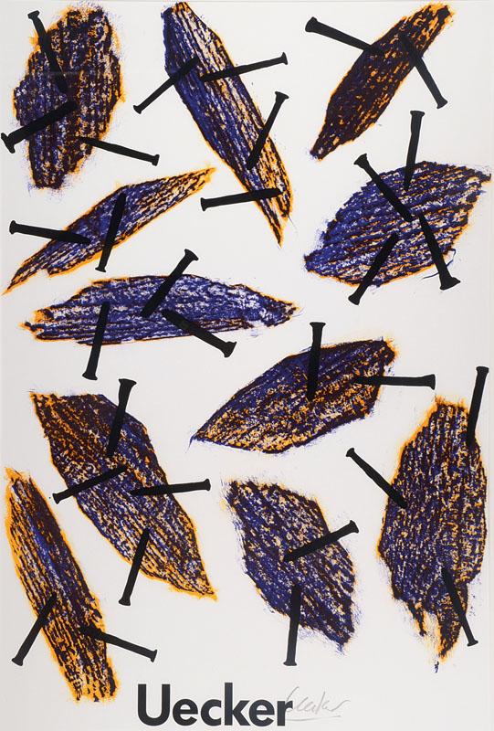 Günther Uecker, geb. 1930, Farblithographie zur Ausstellung 1991, auf leichtem Karton, handsigniert, Erker Galerie St. Gallen, Blattgr. ca. 78x50 ...