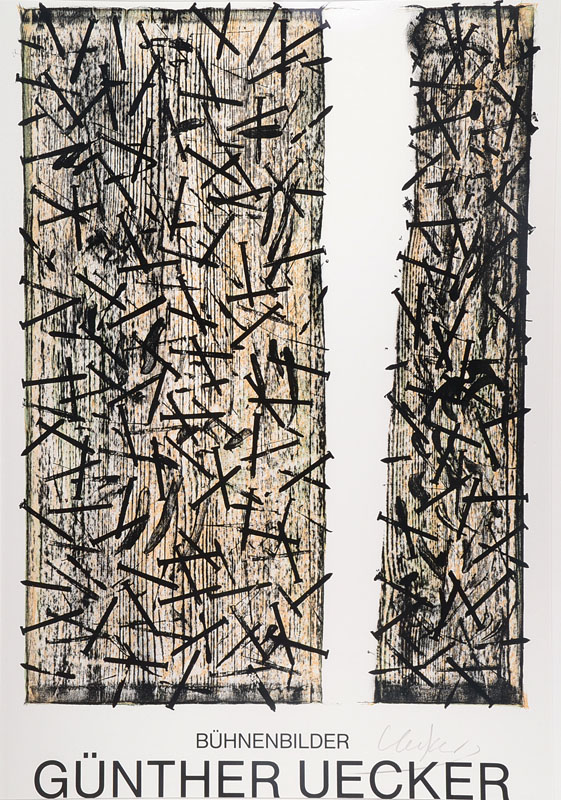 Günther Uecker, geb. 1930, Bühnenbilder, Farblithographie zur Ausstellung, auf leichtem Karton, handsigniert, Erker Galerie St. Gallen, Blattgr. ...