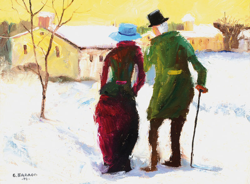 Boris Pavlov, 1928-2005, Winter bei Lyon 1979, Öl/Holz, signiert und datiert 1979, ca. 30x40 cm, rückseitig Klebeetikett Zertifikat ...