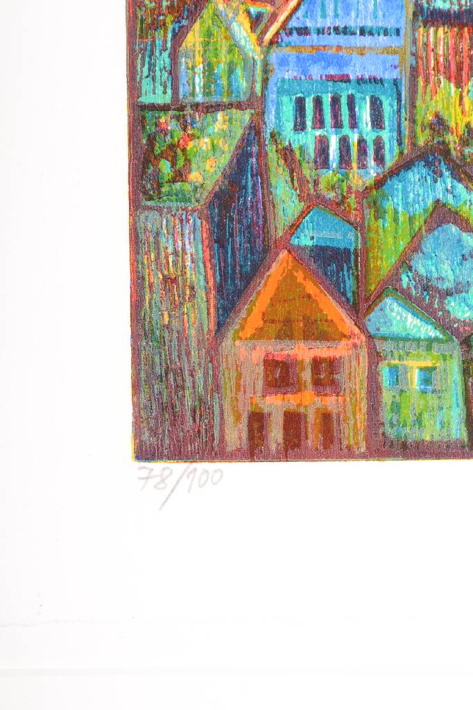 Detail b: Esteban Fekete, 1924-2009, Farbholzschnitt, signiert und nummeriert 78/100, Motiv ca. 21x14,5 cm, Blattgr. ca. 27,5x21 cm, PP, Galerierahmen