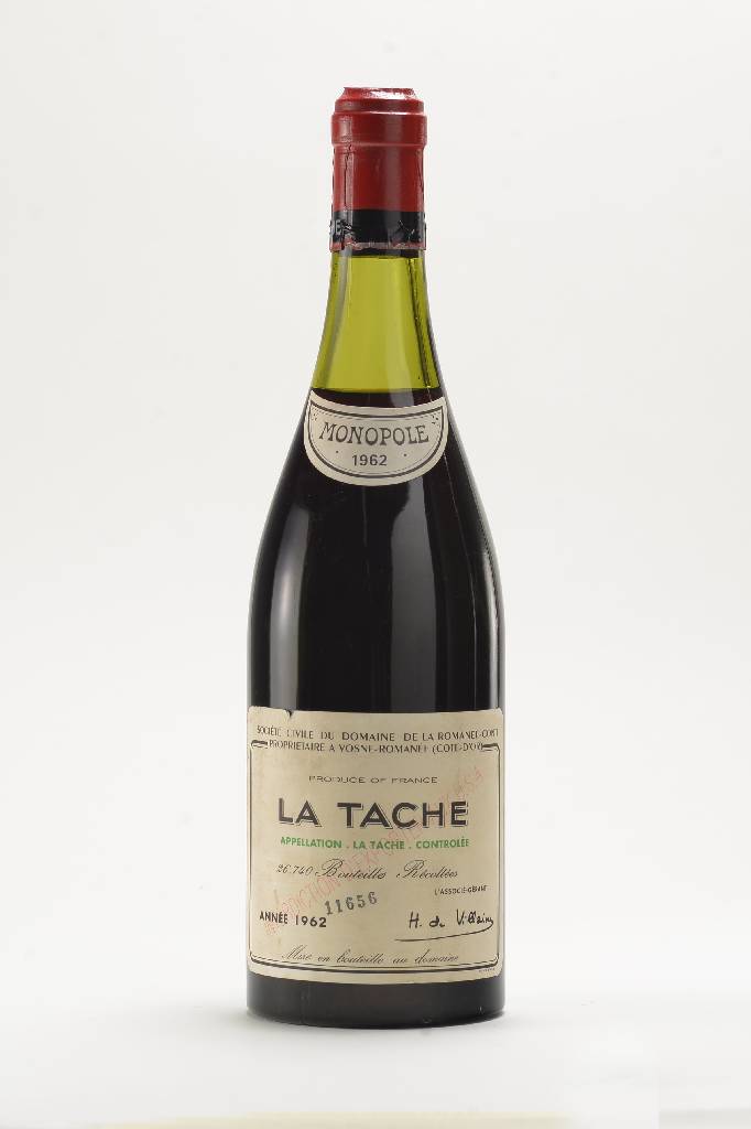 1 Flasche 1962 La Tache Domaine Romanee Conti , Cote-D'Or, Abstand zwischen Wein und Kapsel: ca. 4 cm, auf 26740 Flaschen limitiert, hier: ...