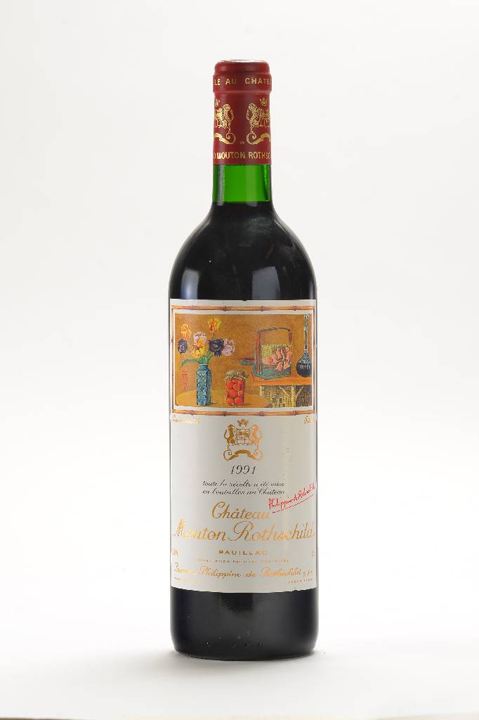 1 Flasche 1991 Chateau Mouton Rothschild, Pauillac, Premier Cru Classe en 1973, Künstleretikett: Setsuko, ca. 75 cl, ca. into neck, 12,5% Vol., sehr ...