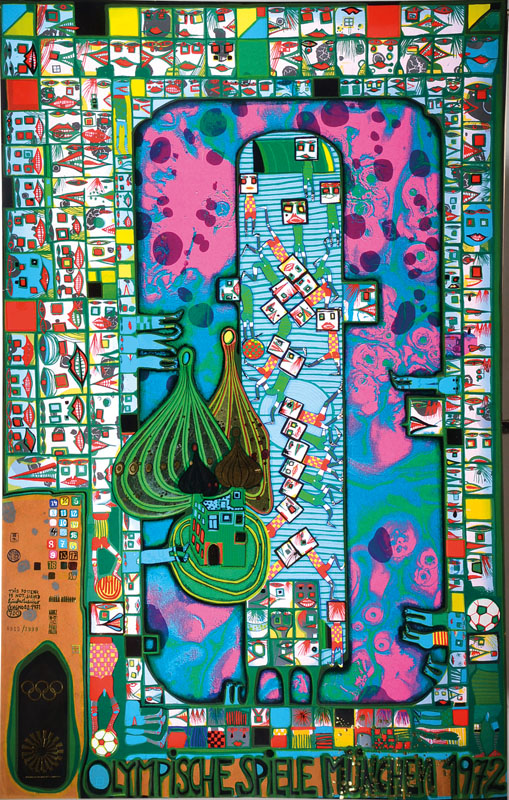 Friedensreich Hundertwasser, 1928-2000, Farbserigraphie mit Metallfolienprägung, Olympische Spiele München 1972, nummeriert 0945/3999, Blattgr. ca. ...